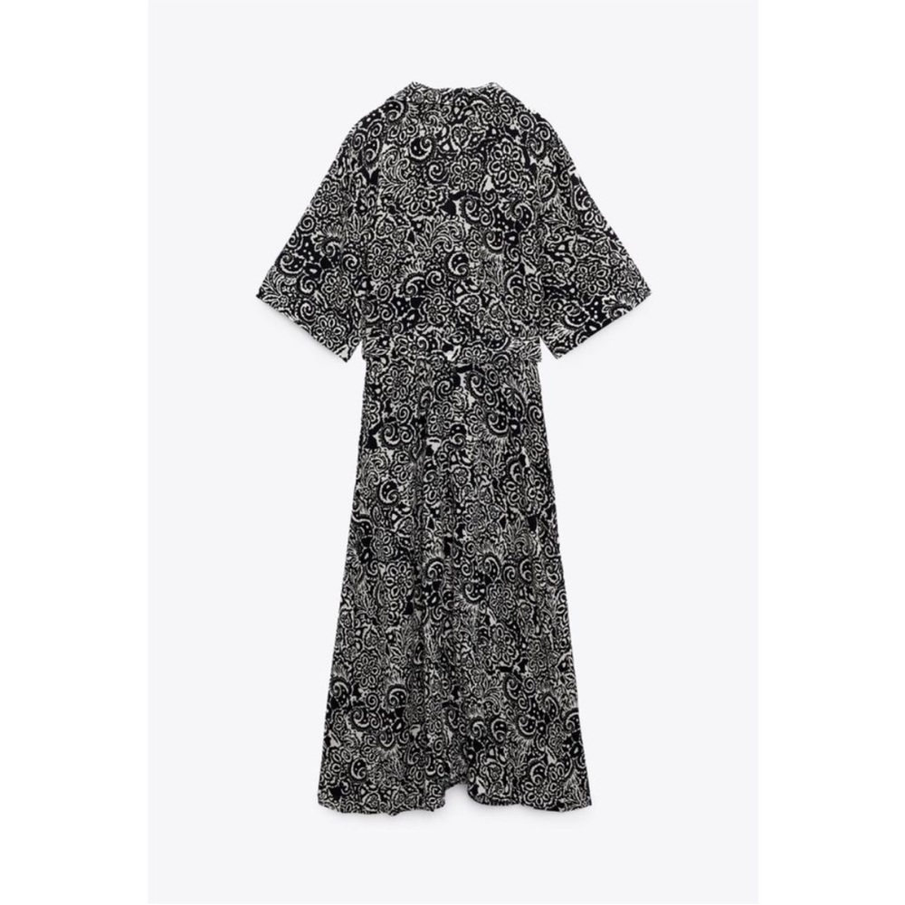 Zara Black White Printed Button Down Shirt Midi Dress V-Neck Lapel Collar Large - Picture 5 of 11